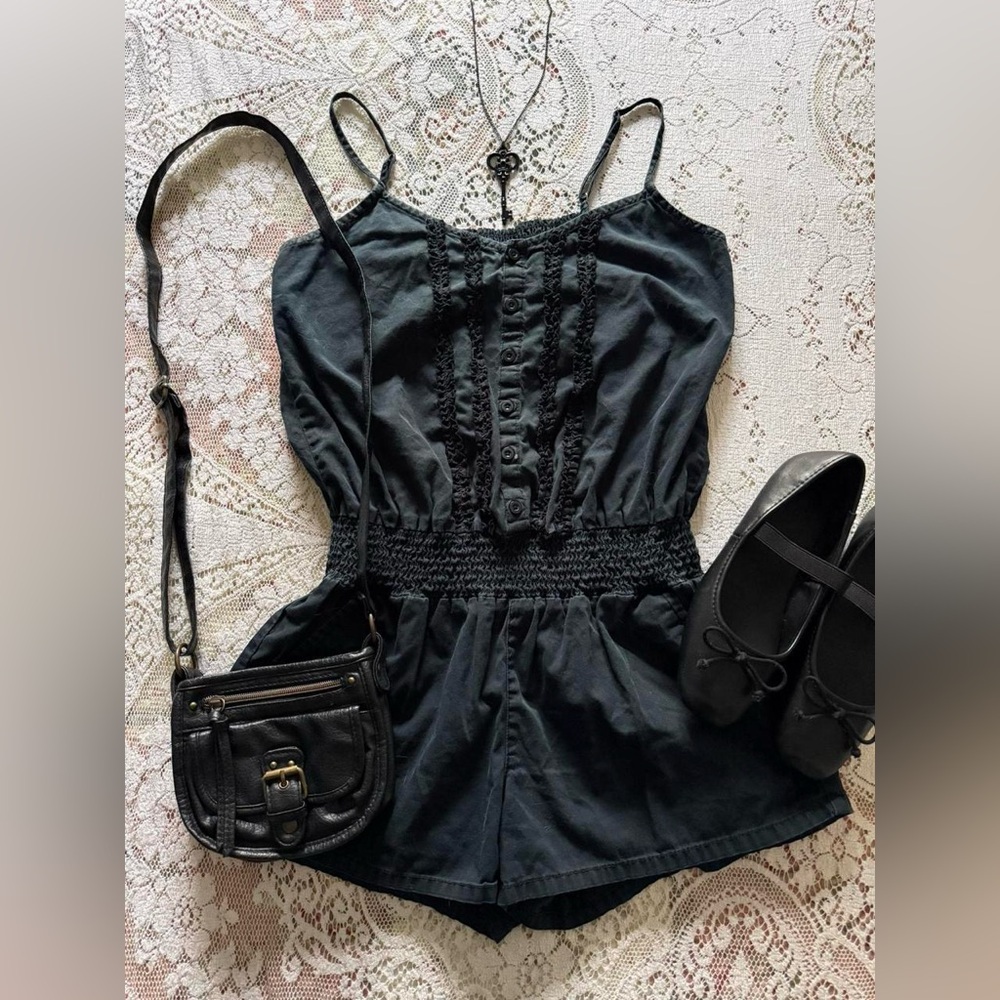 y2k girly grunge twee dark coquette ruffle romper w pockets